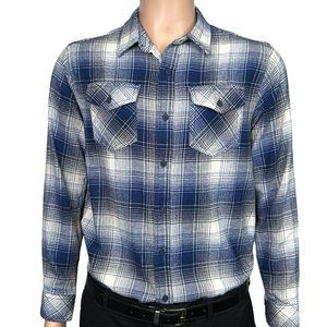 Hurley Mens S Blue Beige White Plaid Flannel Button Up Long Sleeve Shirt Pockets